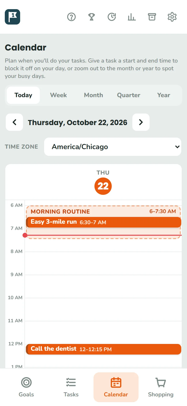 The calendar day view with tasks blocked off by time