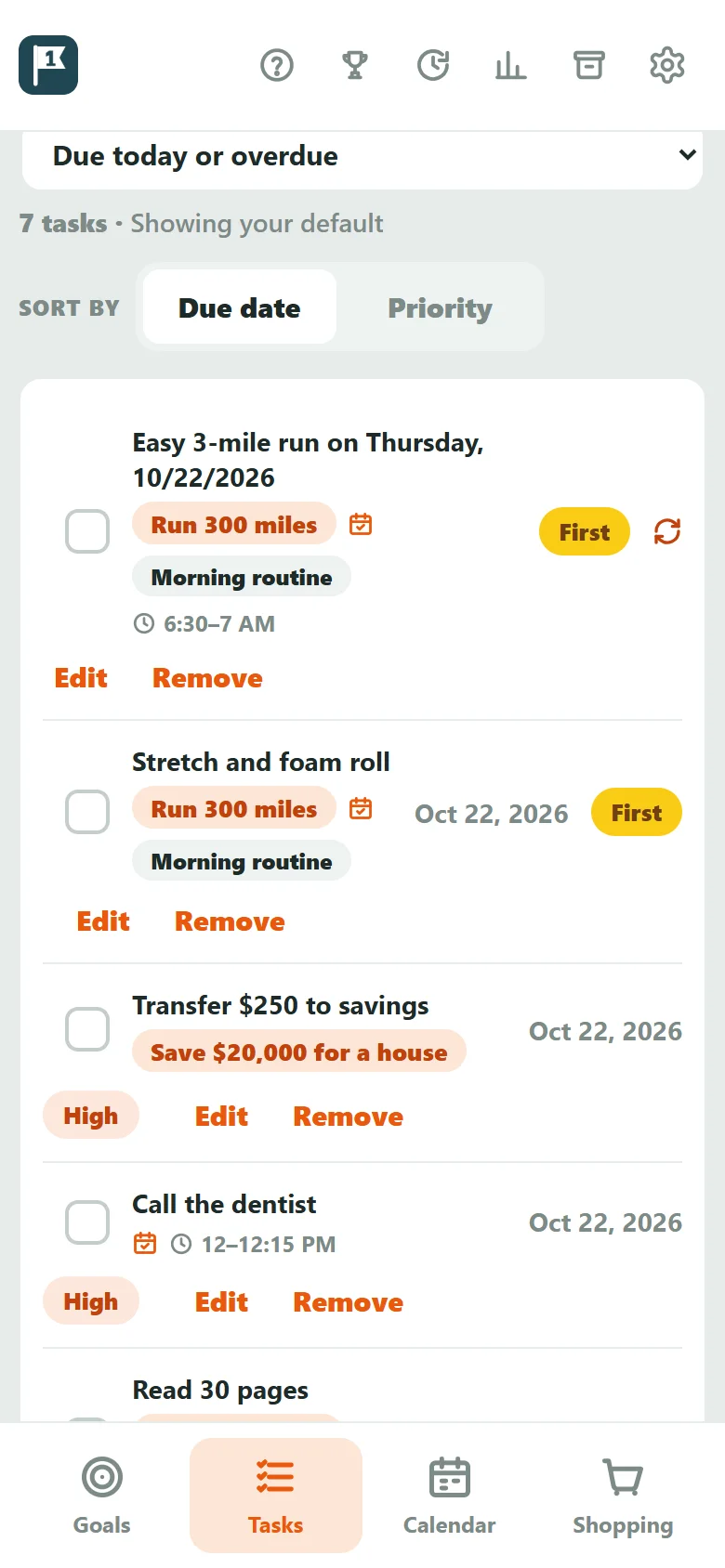 The FirstGoal task list on a phone